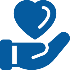 An illustration in blue, of an outstretched hand with a heart above it.