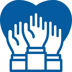An illustration, all in blue, of three raised hands in a heart background.