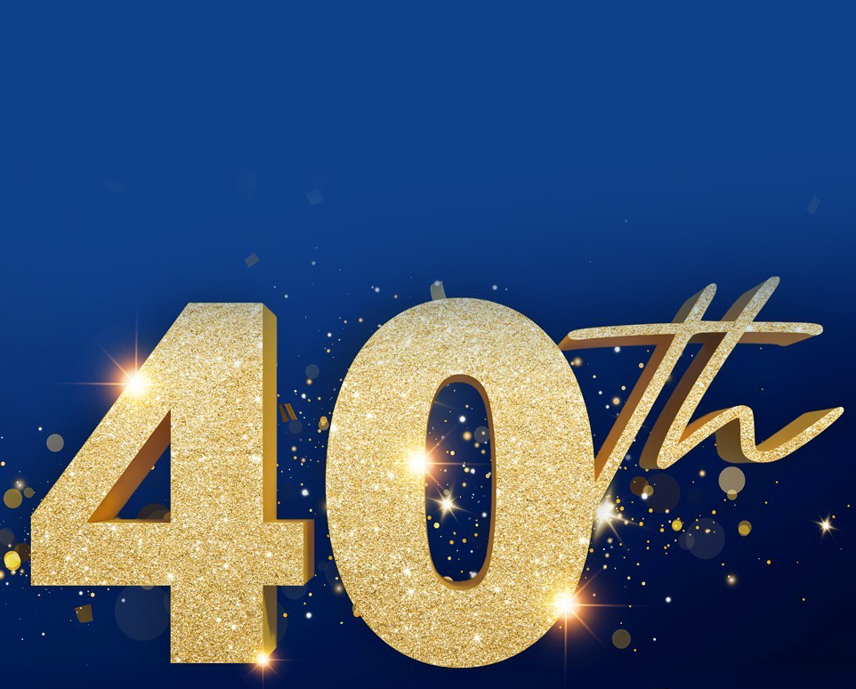 There is glittery gold text on a dark blue background, surrounded by sparkles. The text reads 40th.