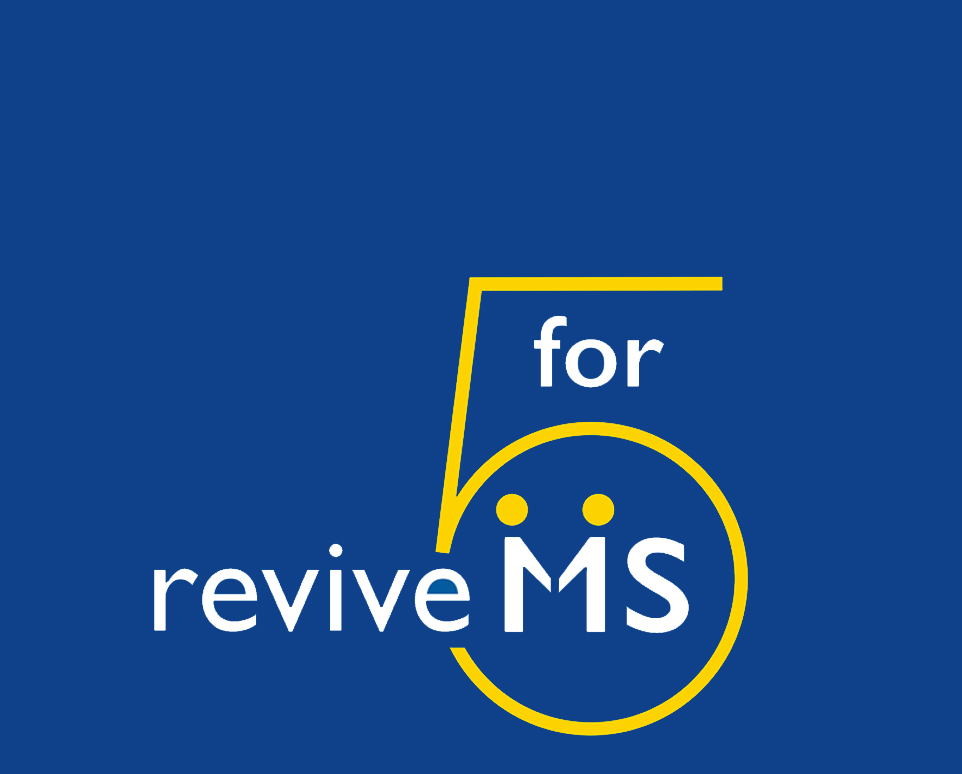 A blue background has text on in that reads five for revive MS. The M is laid out as two people facing each other with hands outstretched. The text is in yellow and white.